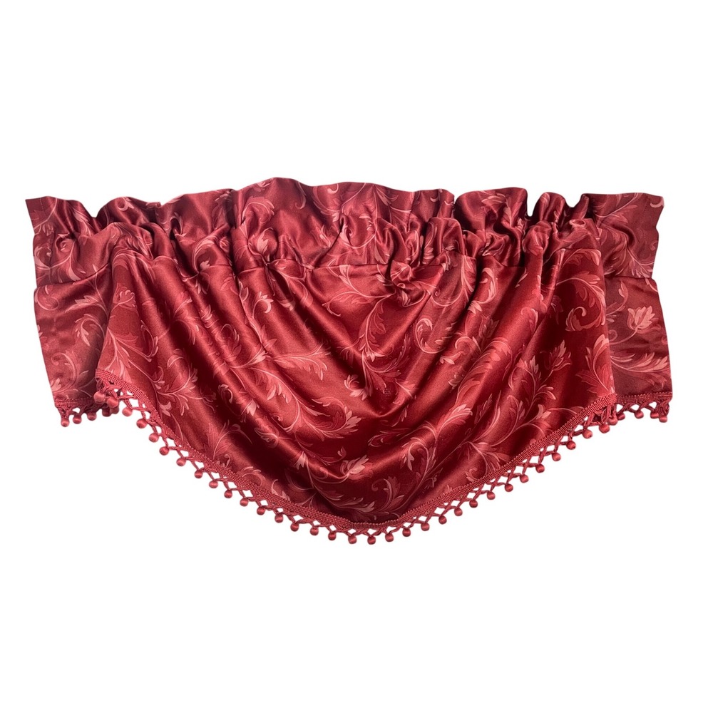 Springs Global Burgundy Damask Floral Satin Window Valance Set of 4 Pom Fringe